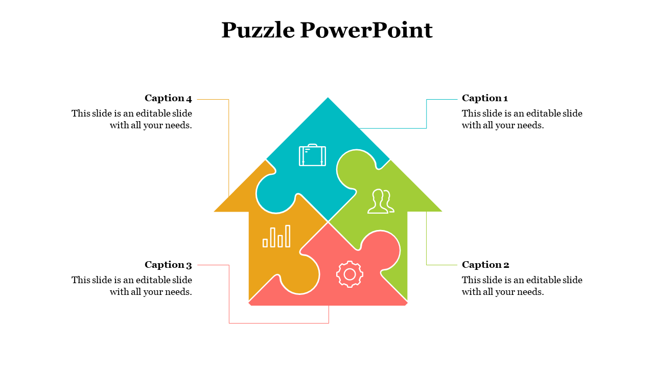 Infographic of a house formed by puzzle pieces in teal, green, orange, and red, with captions and lines pointing to each.