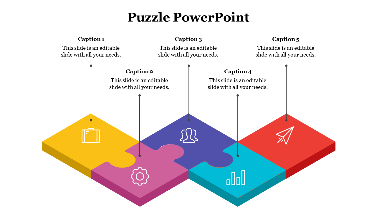 Infographic with interlocked 3D puzzle pieces and icons for business, gears, people, charts, and paper plane, with captions.