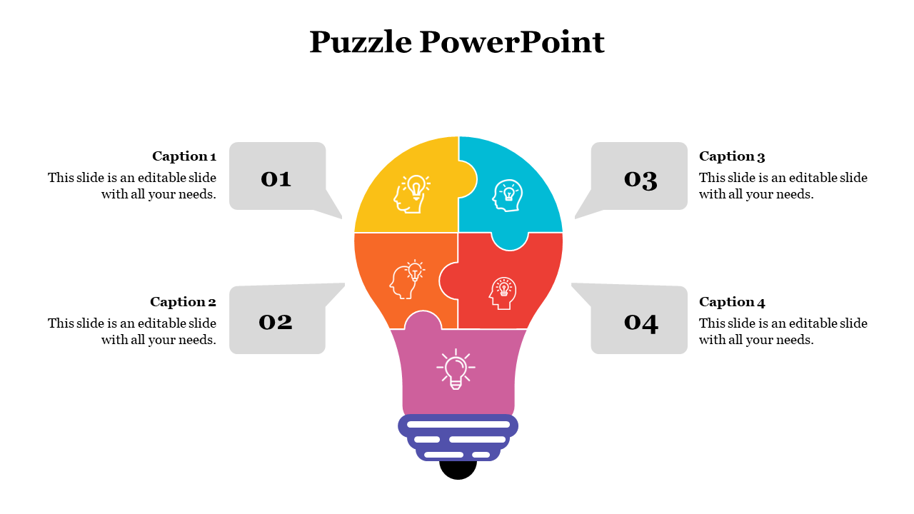 Puzzle infographic in the shape of a lightbulb with five colorful segments and captions labeled 01 to 04 on both sides.