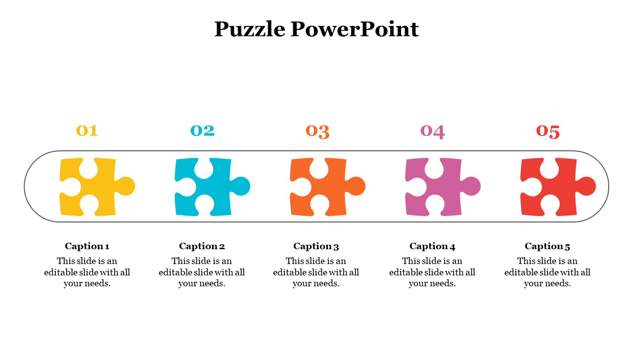 Horizontal infographic with five colorful puzzle pieces numbered 01 to 05, each linked to a caption box below.
