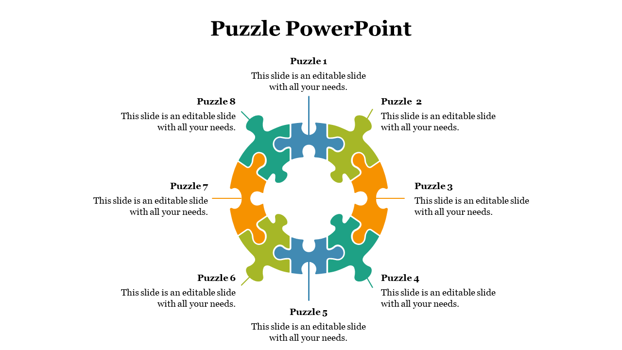 Puzzle infographic showing eight connected pieces in a circle, each linked to a caption around the outer edge.