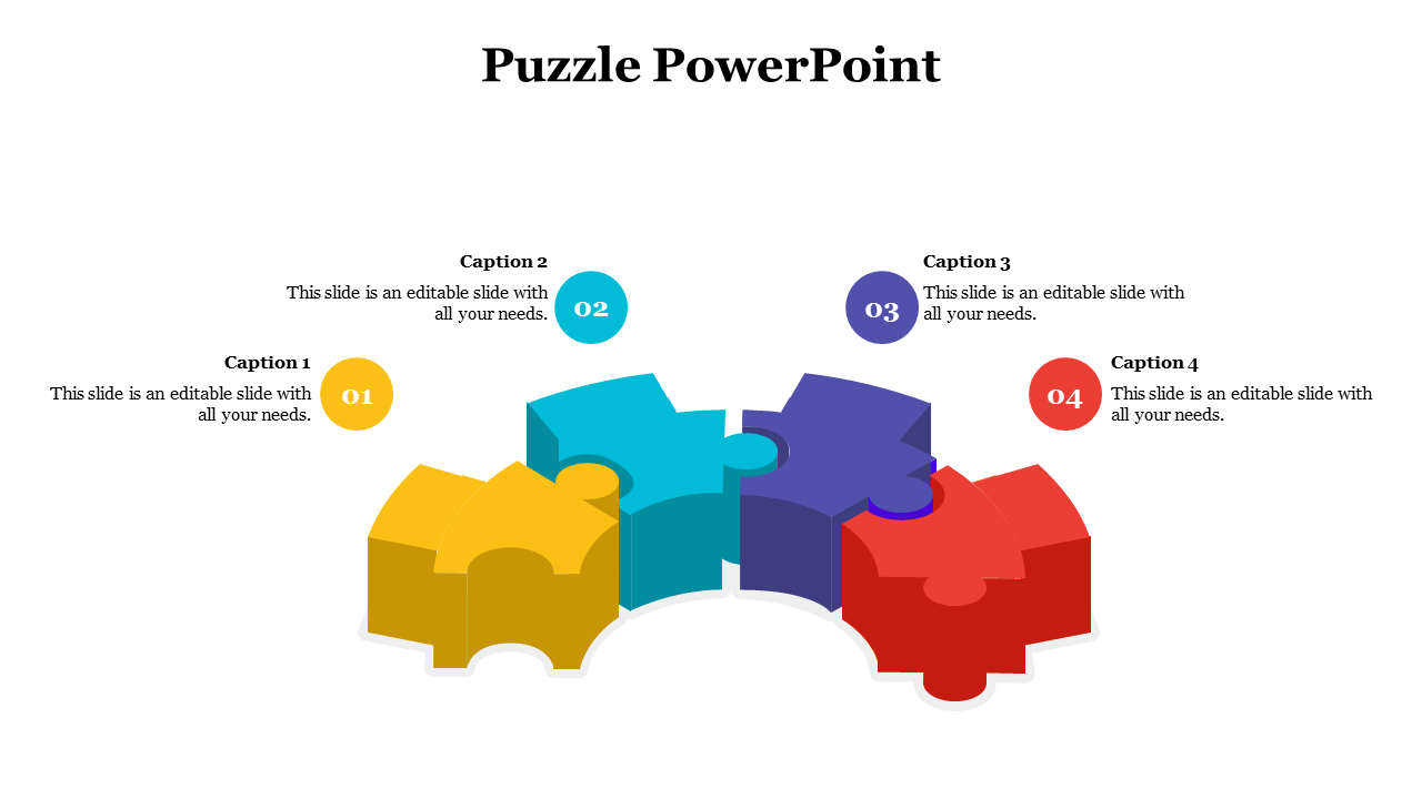 3D puzzle graphic with four curved segments in different colors, numbered 01 to 04 with matching captions above each.