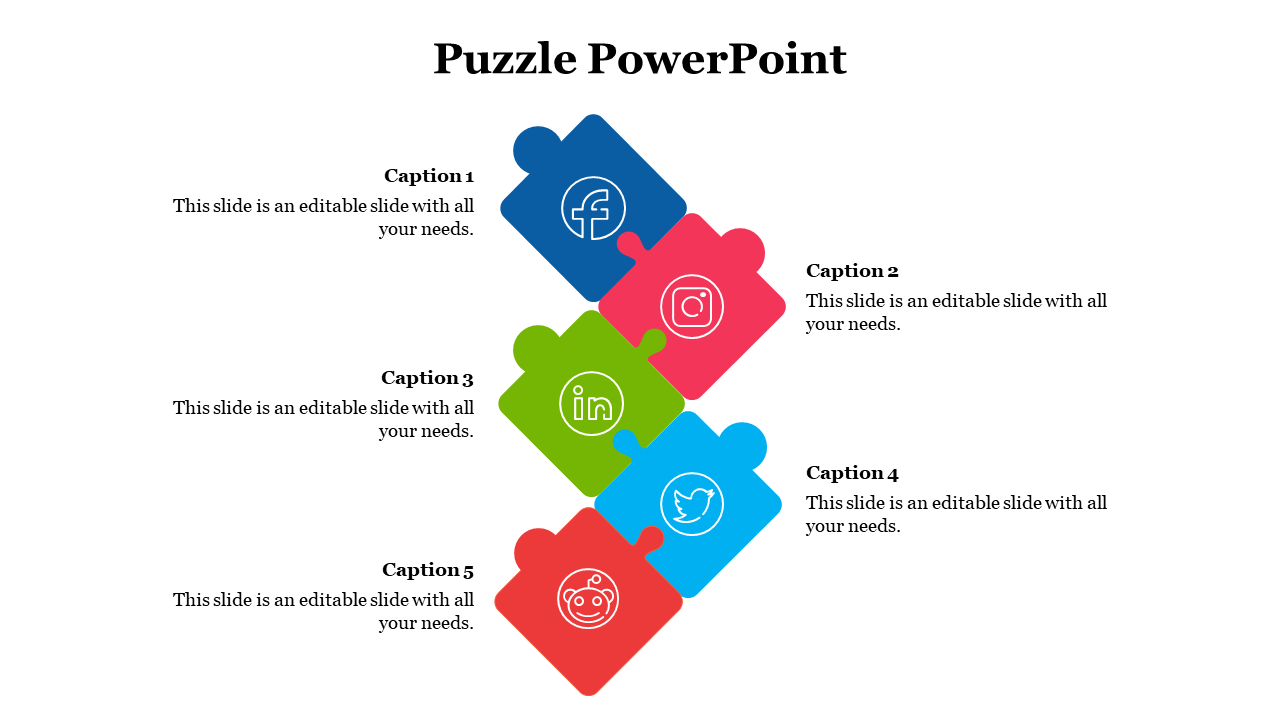 Diagonal puzzle chain with Facebook, Instagram, LinkedIn, Twitter, and Reddit icons and matching side captions.