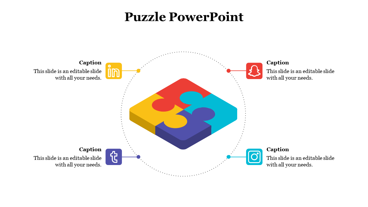 3D puzzle block with four pieces and circular layout of LinkedIn, Snapchat, Tumblr, and Instagram icons linked to captions.