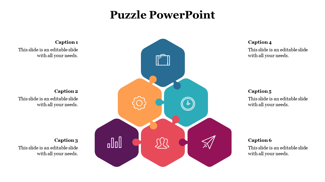 Central hexagon puzzle layout with icons like briefcase and clock, connected to six side captions for customization.