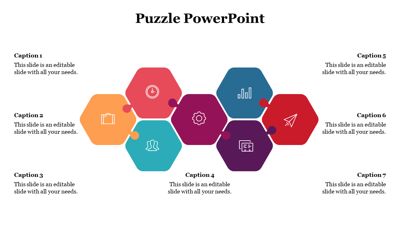 Horizontal infographic with colorful hexagon puzzle shapes, business icons, and surrounding caption text blocks.