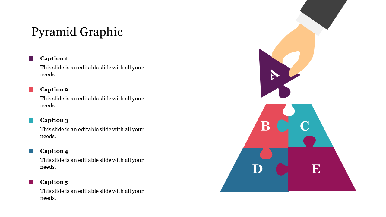 Pyramid graphic with five puzzle layers labeled A to E, and a hand placing the top purple piece above the colored segments.