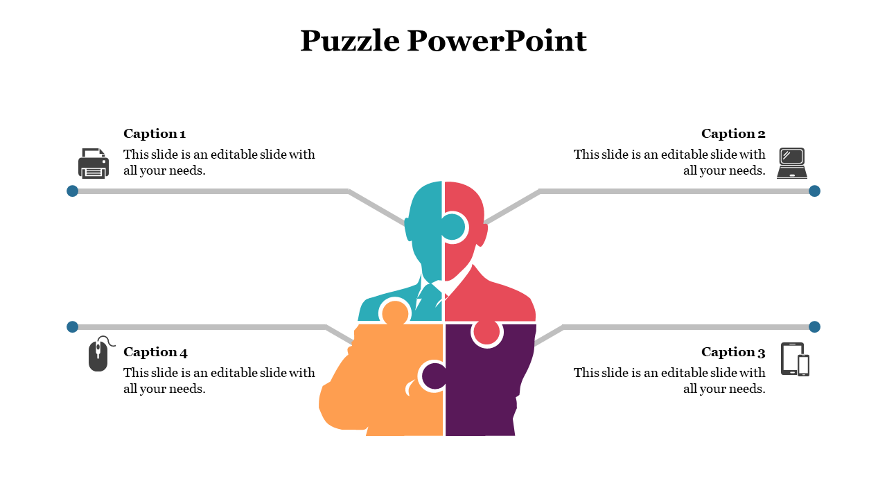 Silhouette of a businessman divided into four puzzle segments with connected lines pointing to captions and business icons.