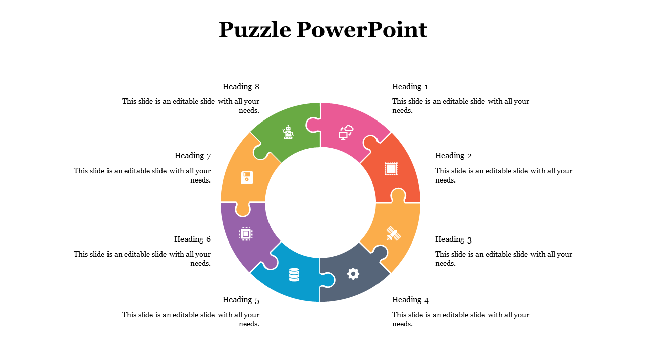 Circular puzzle diagram with eight colored segments, each with an icon and linked to surrounding headings and descriptions.