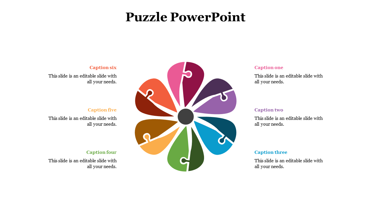 Circular petal puzzle with eight colorful pieces radiating from the center, each aligned with a caption and description.