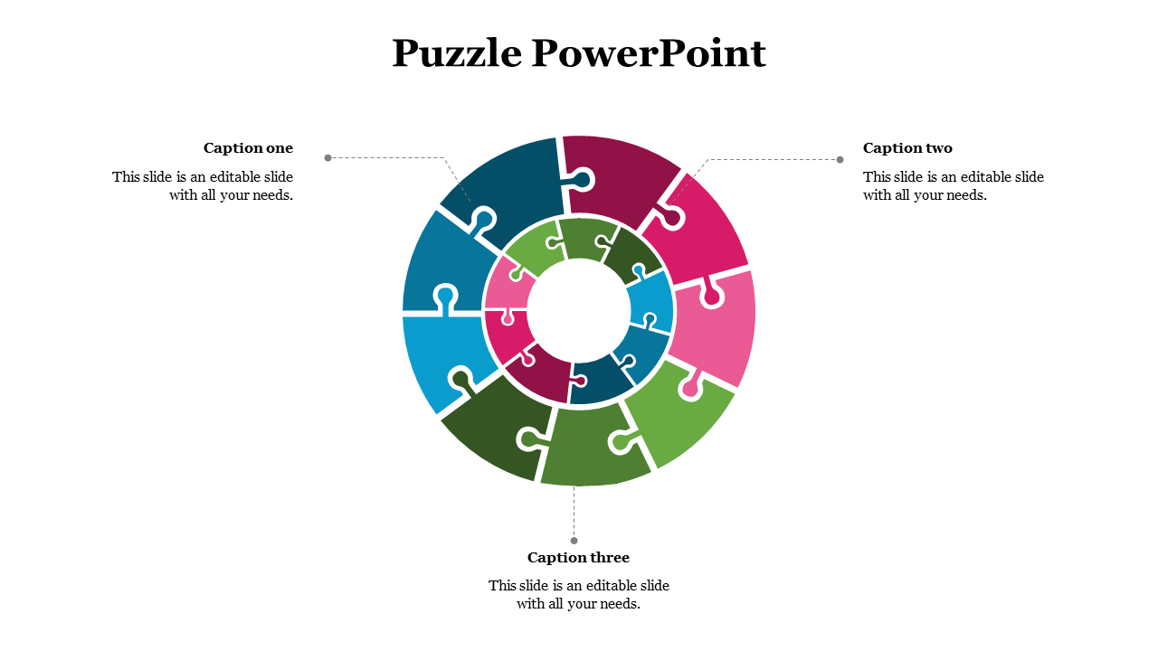 Concentric circular puzzle diagram with two rings of segments, each linked to caption areas on the left, top, and bottom.