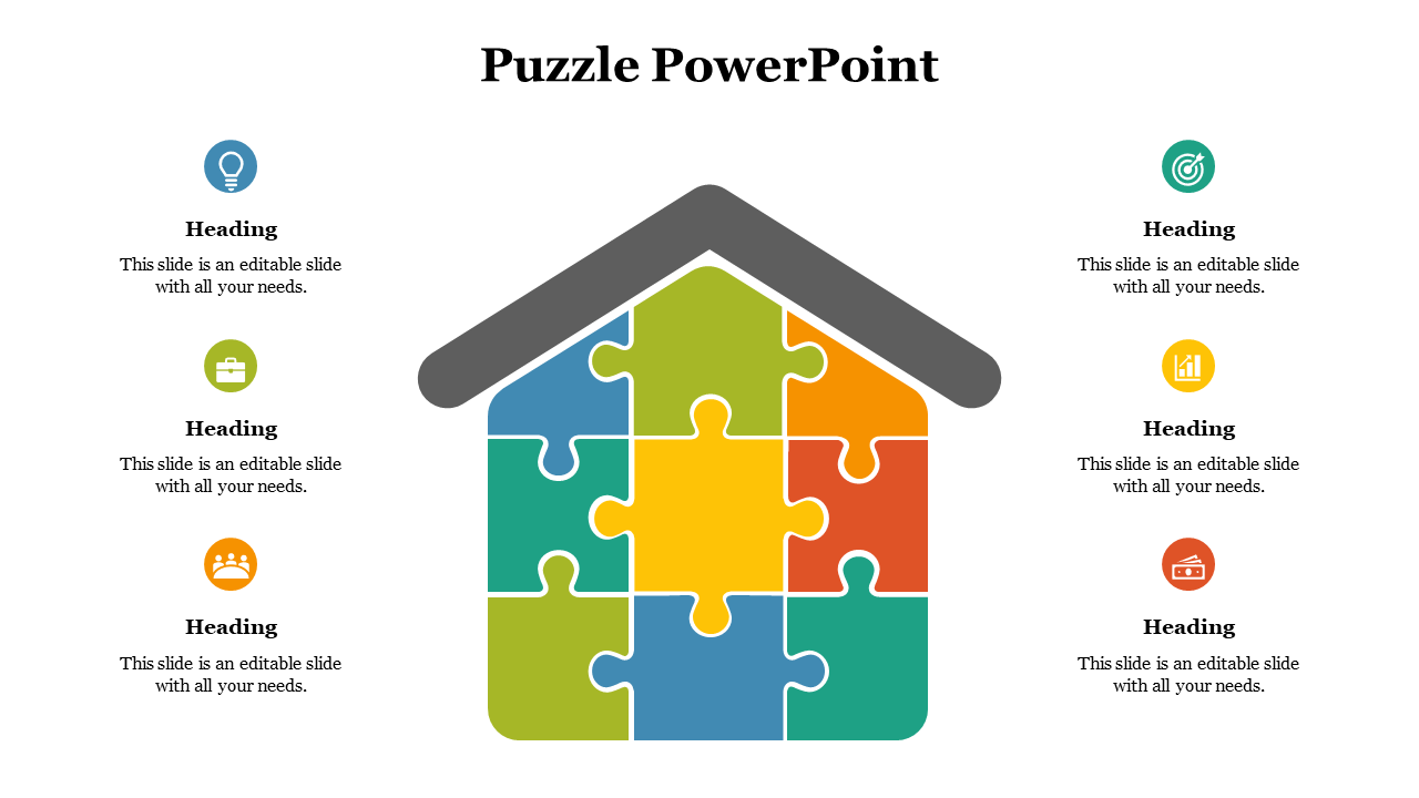 Infographic of a house made of twelve puzzle pieces, with icon-labeled headings on both sides for descriptive content.