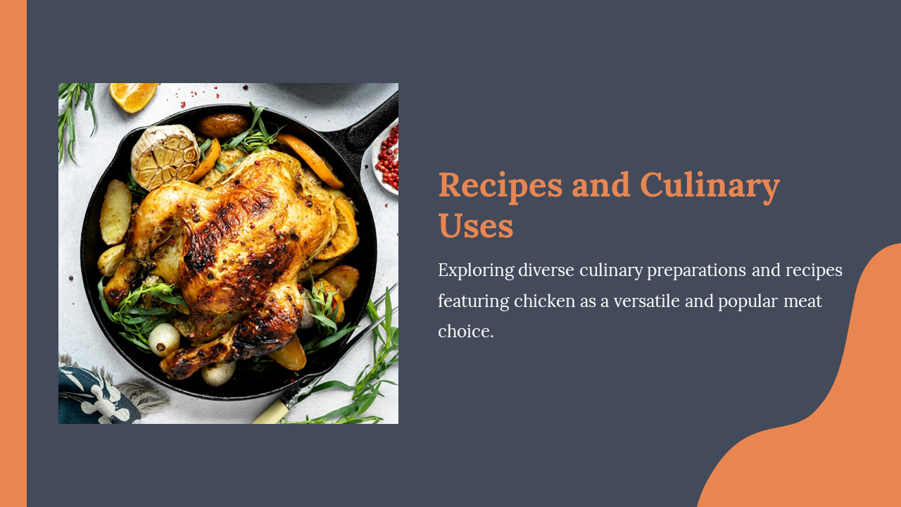 Top view skillet of cooked chicken with herbs and vegetables, beside a text block on culinary uses of chicken meat.