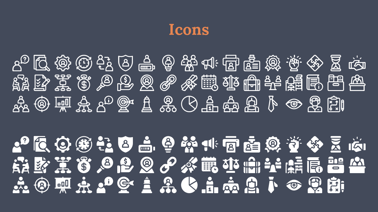 Grid of outlined and filled icons in white showing business, communication, and strategy symbols under an heading.