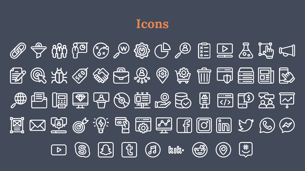Dark background slide with various outlined icons and apps like Facebook, LinkedIn, and Reddit beneath an orange label.