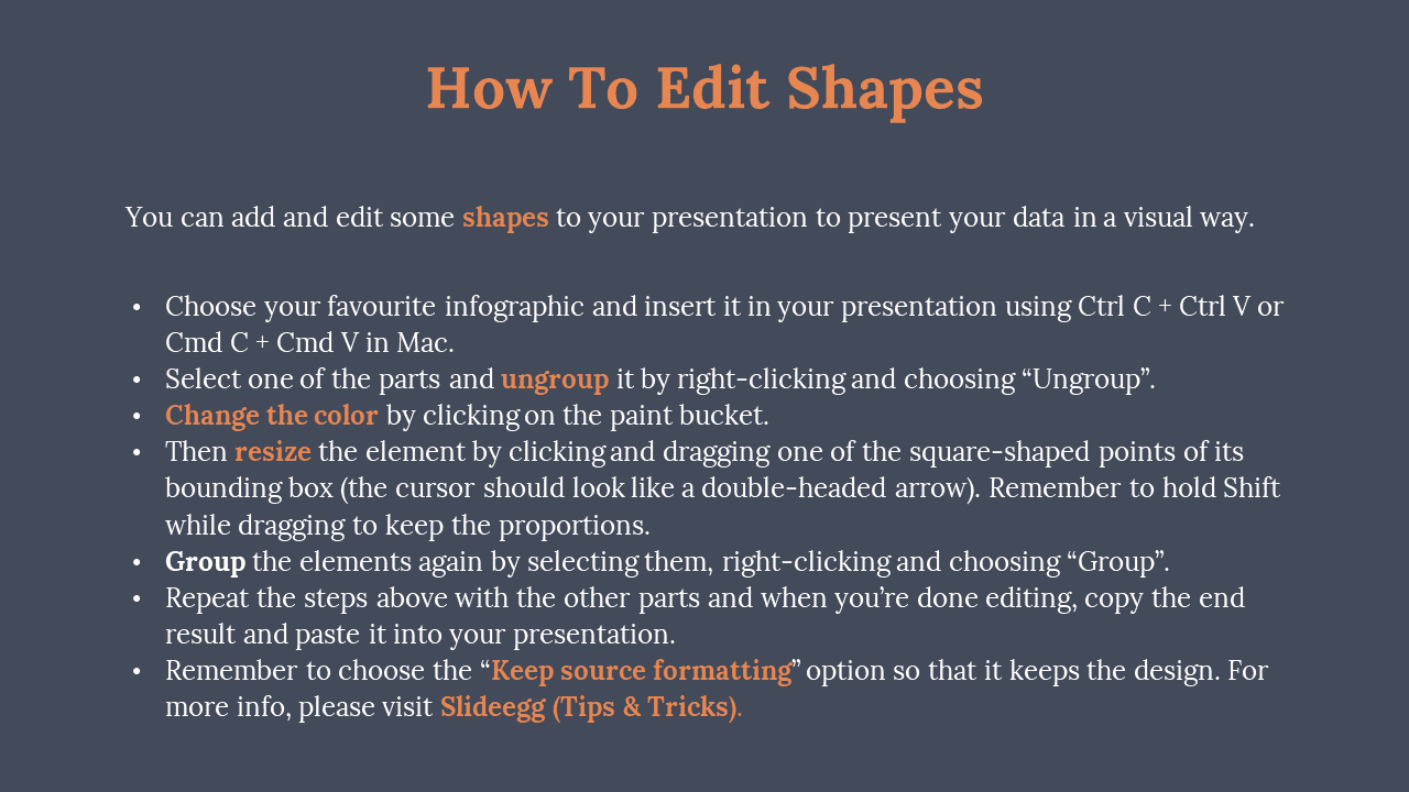 Instructional slide with bold orange heading and seven editing tips in bullets, highlighting key terms in orange text.