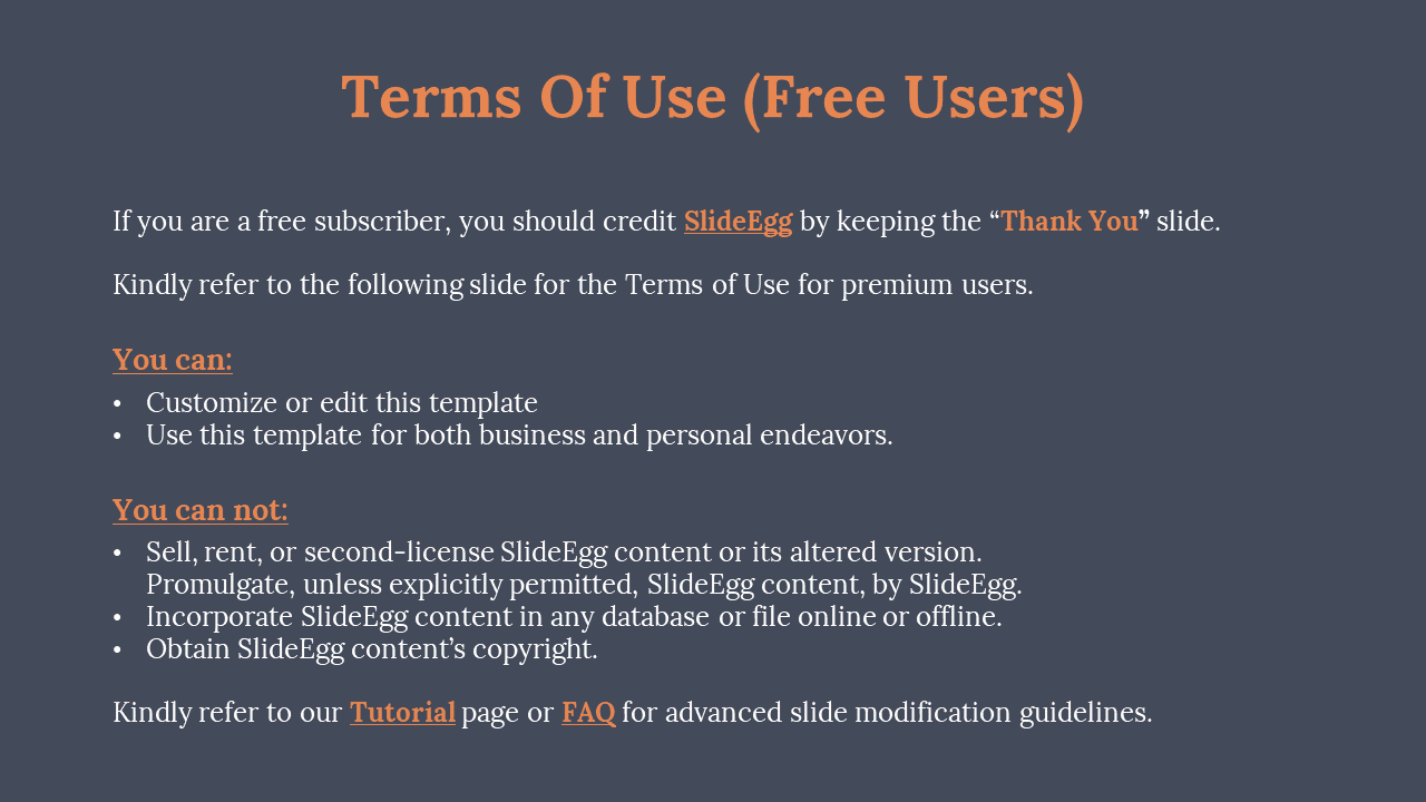 Terms slide with usage rules for SlideEgg templates, featuring orange section headers and linked tutorial references.