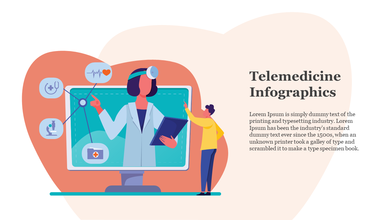 Telemedicine slide with child interacting with a doctor on monitor, medical icons floating left, and text section on right.