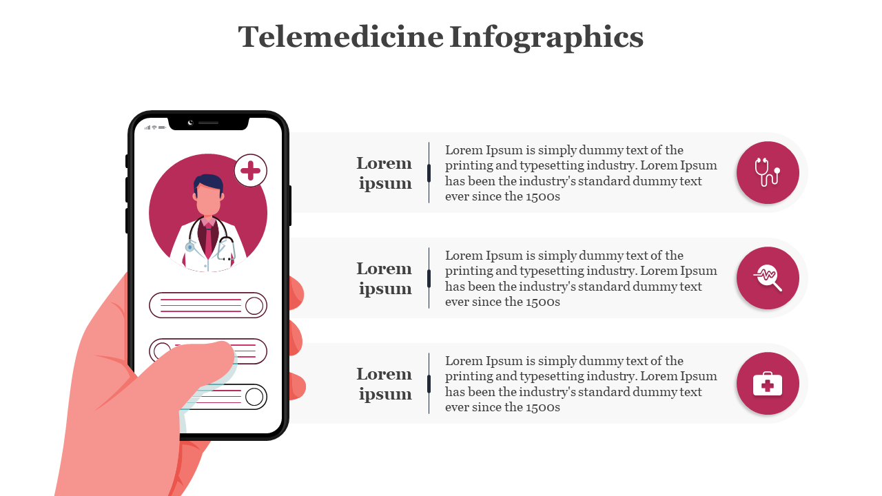 Telemedicine infographic showing phone screen with doctor and three info boxes containing text and health symbols.