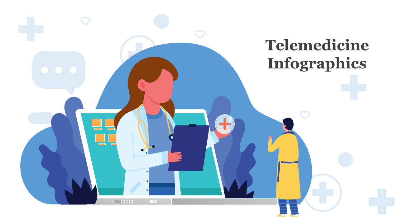 Telemedicine concept showing doctor emerging from laptop with icons in background and patient figure in yellow coat.