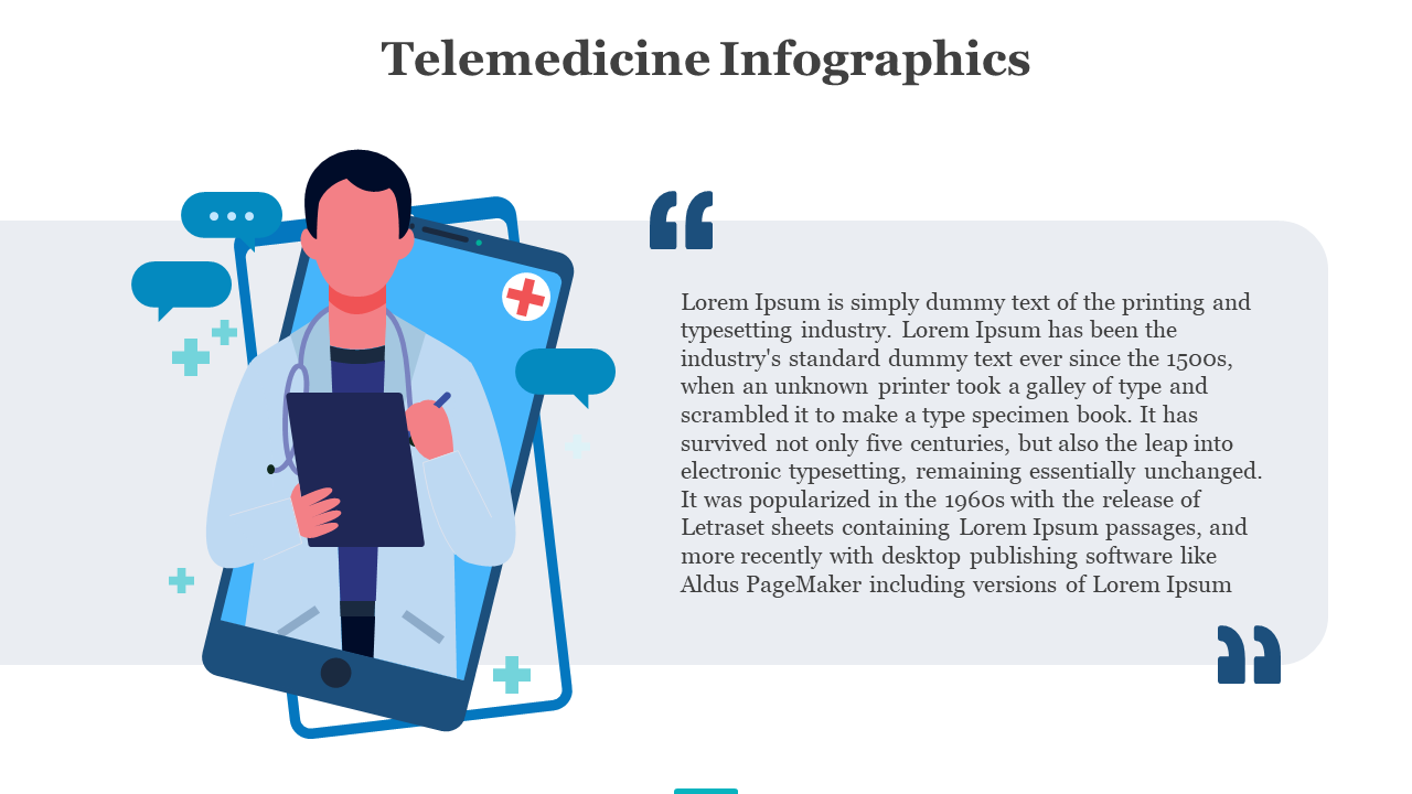 Infographic with smartphone doctor graphic and quote block on the right, surrounded by speech bubbles and medical icons.