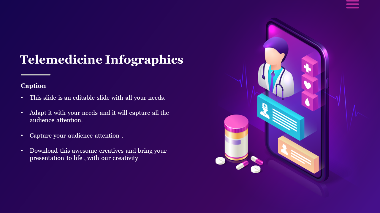 Isometric phone showing doctor avatar, health icons, and capsules with infographic caption section on dark purple gradient.