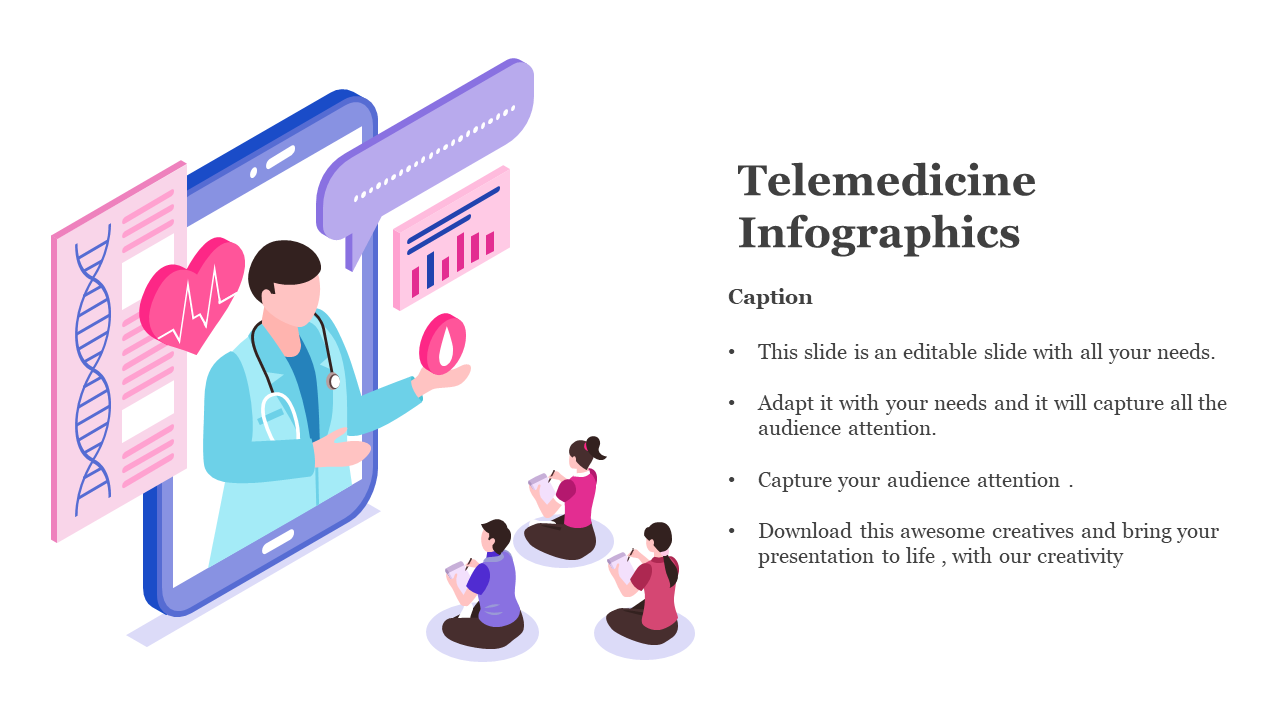3D telemedicine scene with doctor avatar emerging from phone, medical graphics, and audience near infographic section.