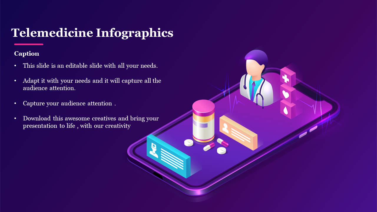 3D telemedicine scene showing doctor, pill bottle, and health icons emerging from a smartphone on a vibrant purple backdrop.