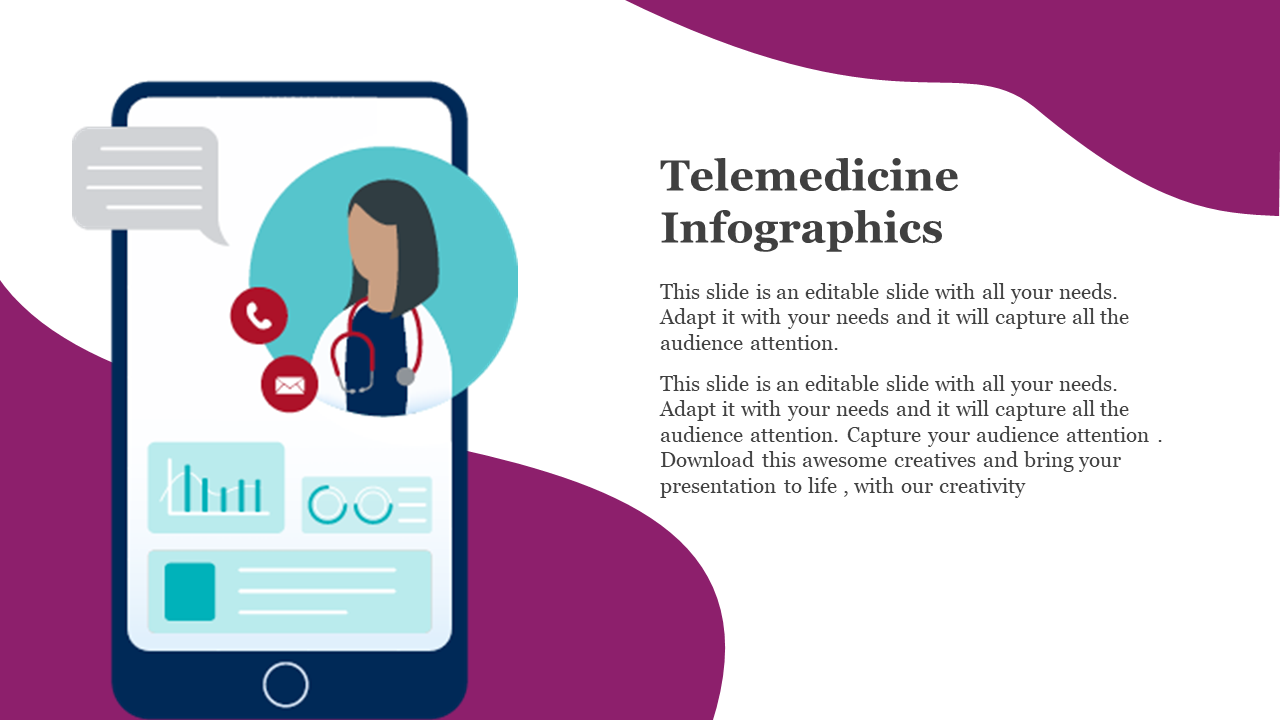 Telemedicine concept with doctor avatar, phone and message icons, and medical data on a smartphone interface.