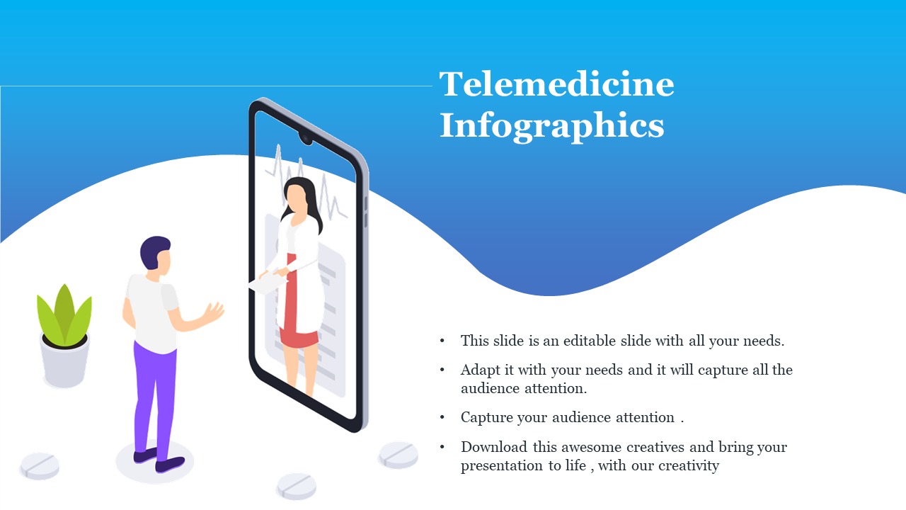 Telemedicine concept showing a virtual consultation between a doctor on a phone screen and a patient on a wavy white floor.