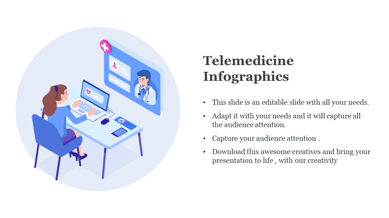 Isometric scene of a female patient at a desk interacting with a doctor via laptop and screen, symbolizing telehealth.