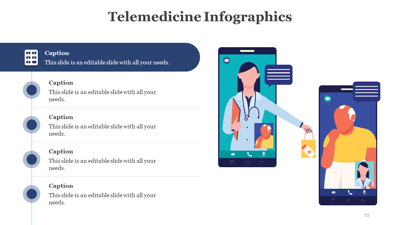 Doctor and elderly patient in video call on mobile screens, with chat bubbles and a sidebar containing icons and text.