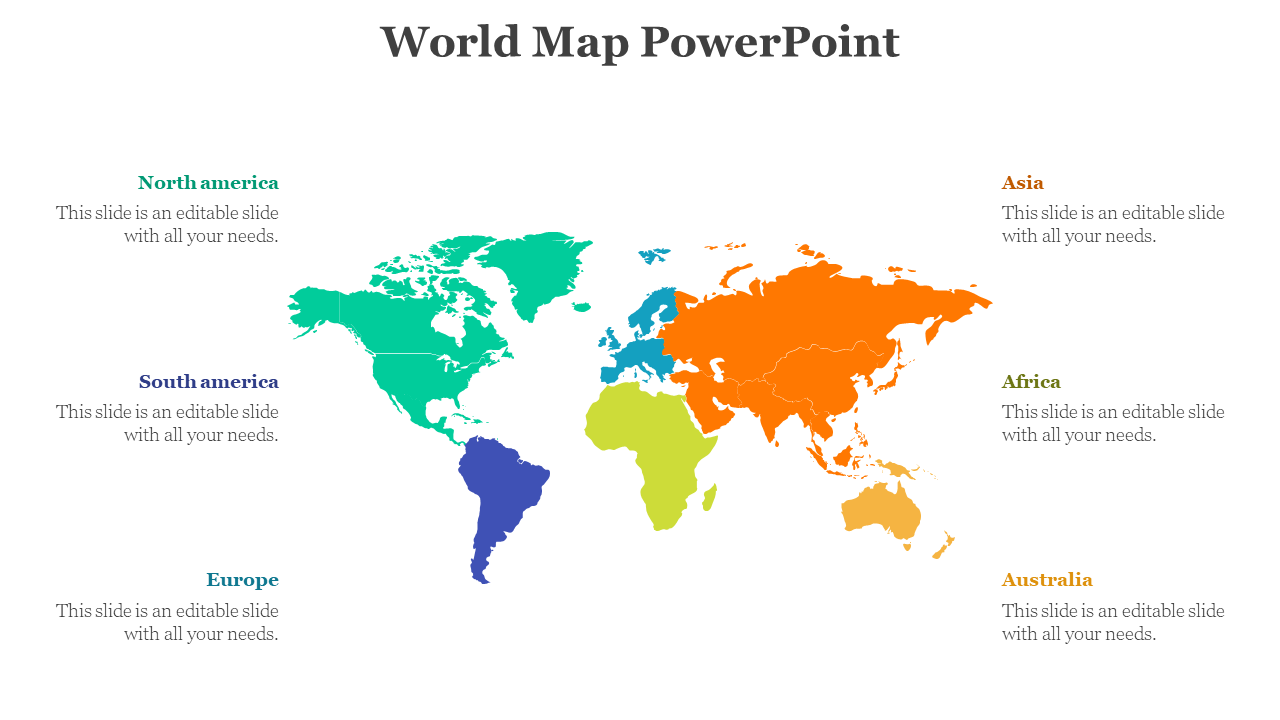 World map with six colored continents and matching labels North America, South America, Europe, Africa, Asia, Australia.