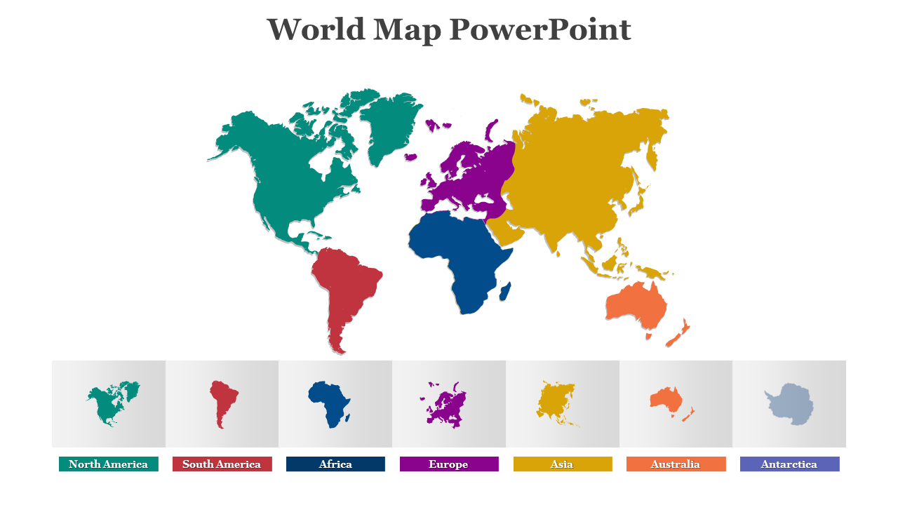 World map showing seven continents in different colors with matching caption boxes labeled beneath the map.