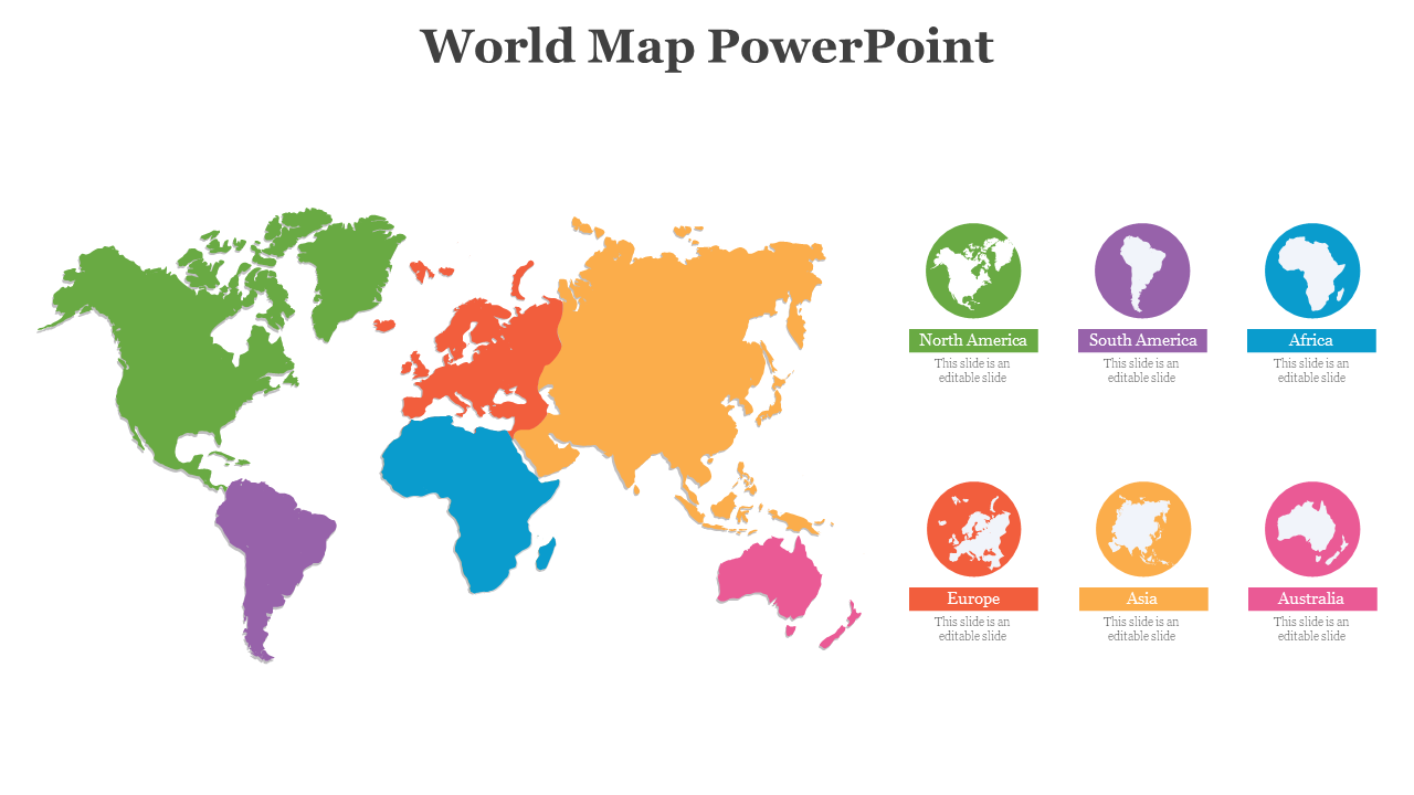 Colored world map with side icons showing labeled circular cutouts of each continent from North America to Australia.