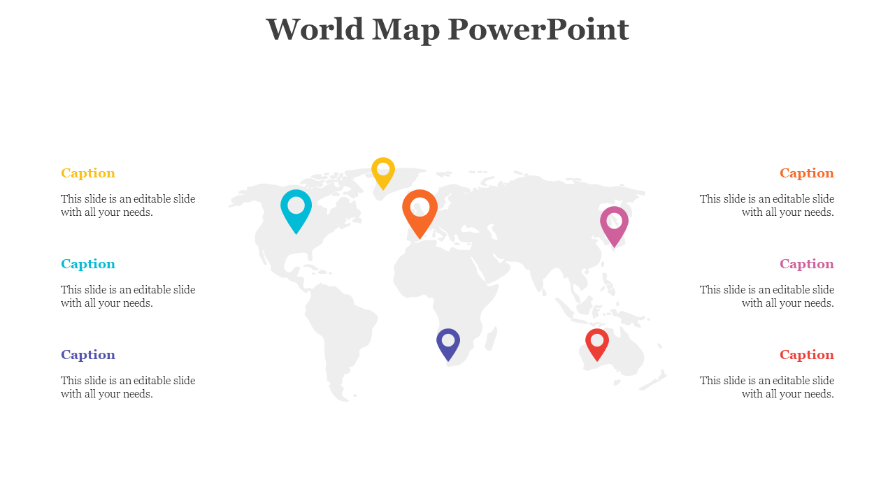 Minimal world map featuring seven colored markers placed globally, each linked to side captions in matching colors.