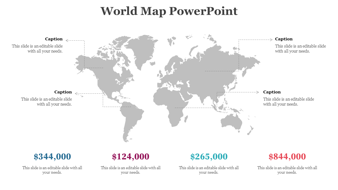 Gray map with caption connectors and four financial figures—$344K to $844K—highlighted below in different colors.