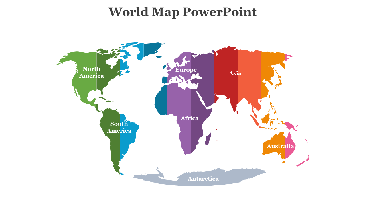 Striped world map with each continent in a distinct vertical color band and bold white labels over each region.