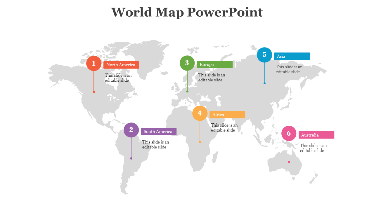 World map with labeled pointers for six continents in circular icons and colored tags, arranged numerically.