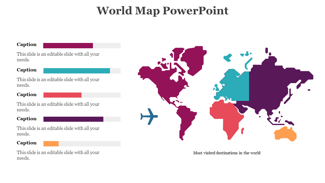 World map with regions in red, teal, orange, purple, and maroon, captioned with horizontal progress bars and travel icon.