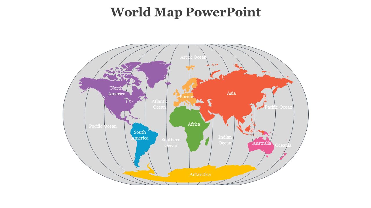 Oval world map projection with labeled continents and oceans, each region color-coded and outlined with longitudes.
