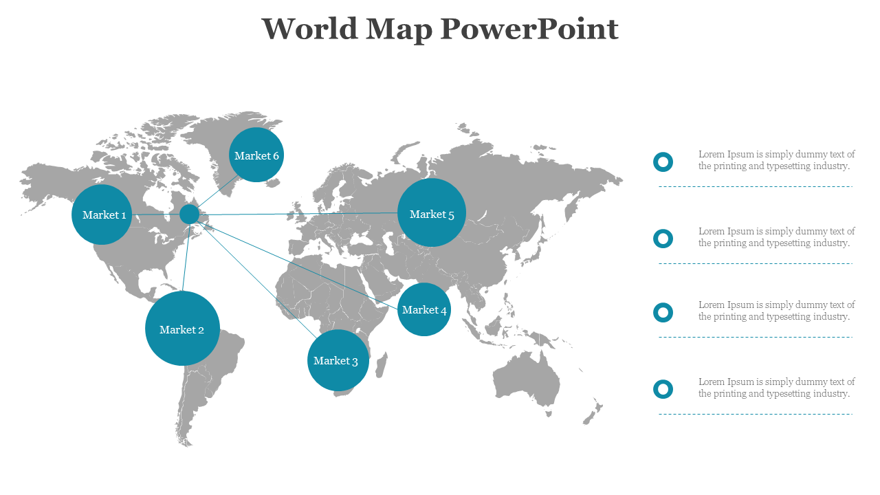 Gray world map with six blue circular labels for markets connected to a central hub and text boxes aligned on the right.