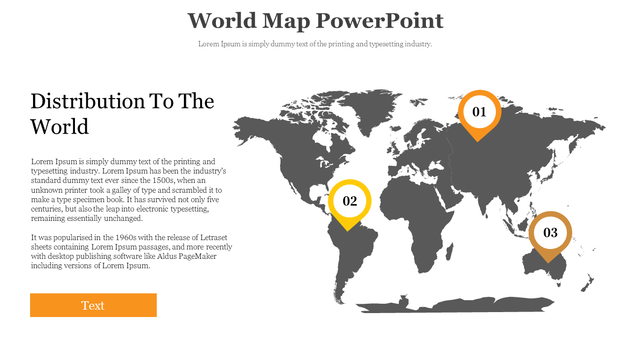 Dark world map with three orange markers labeled 01 to 03 placed over Asia, South America, and Australia beside a text block.
