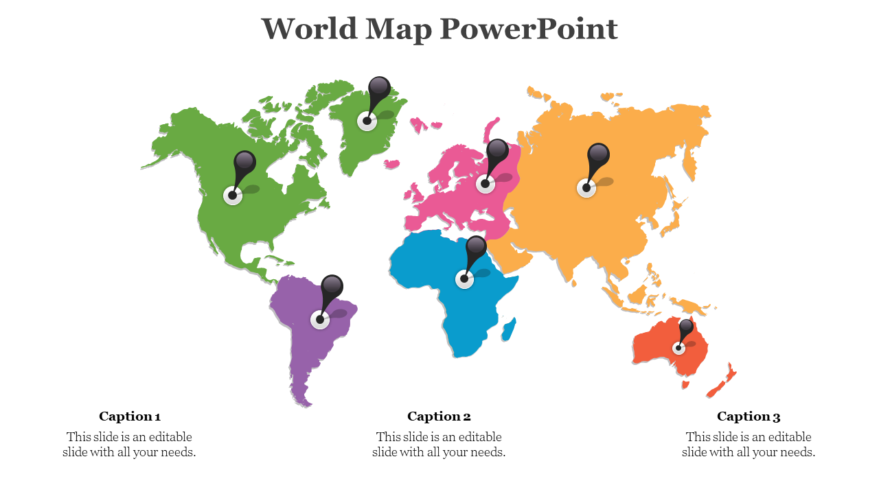 World map with continents in different colors and black markers highlighting key regions; three caption areas below.