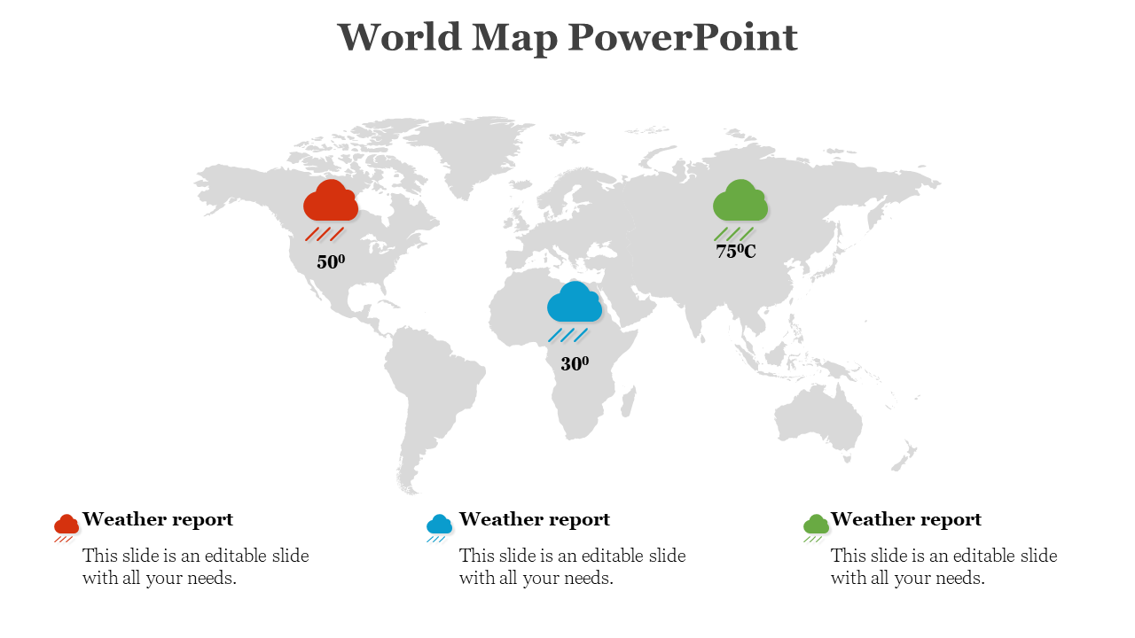 World map with three weather zones marked by cloud icons and temperatures, and corresponding captions at the bottom.