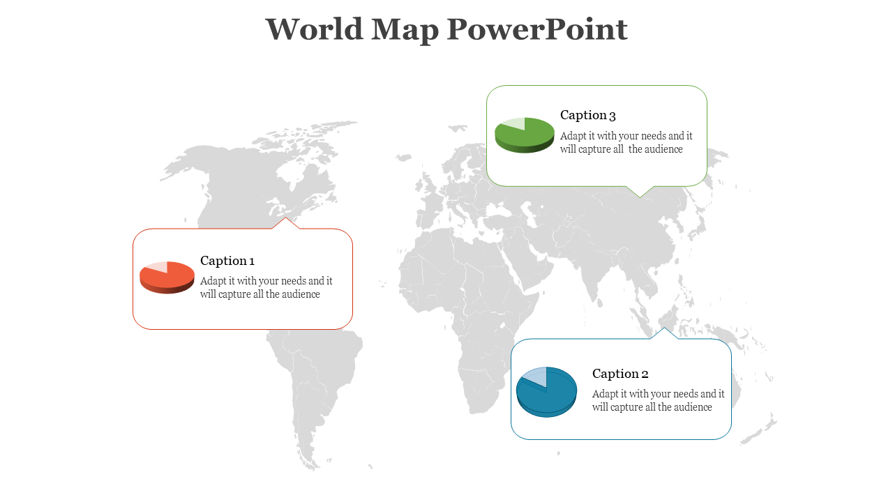 World map showing three infographic bubbles with pie charts and captions in red, blue, and green across different regions.