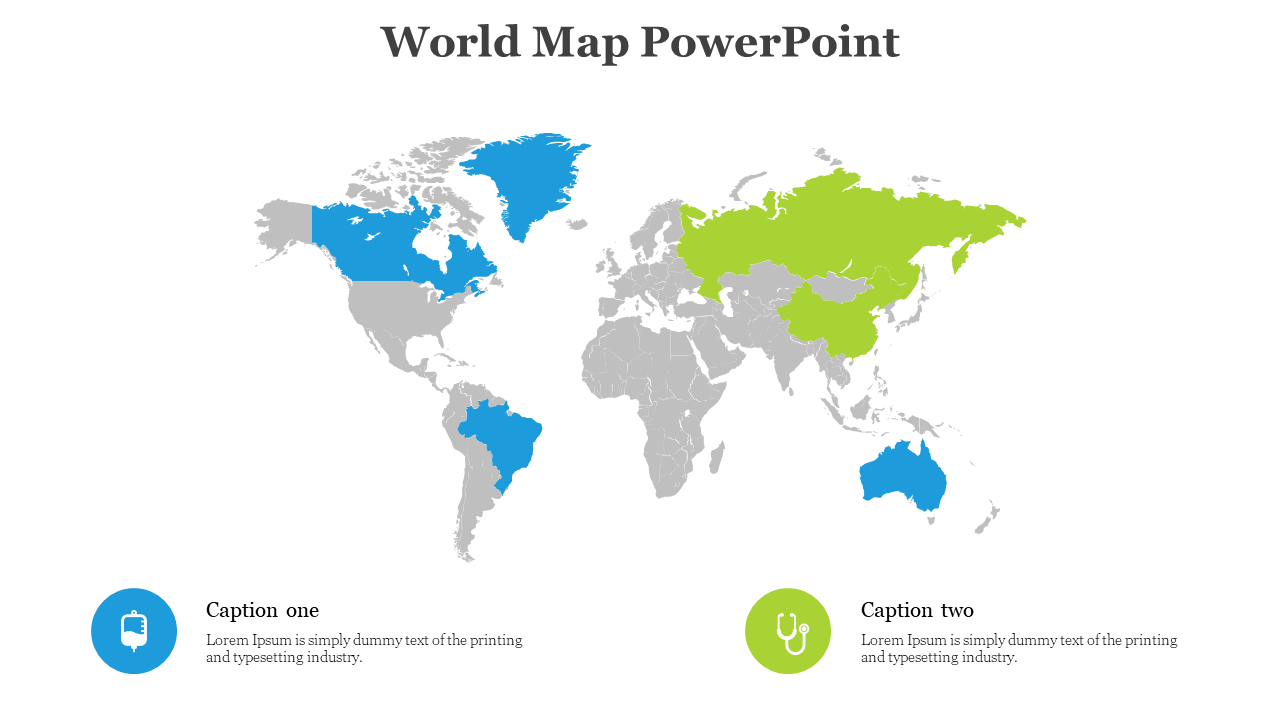 Map showing highlighted zones in blue and green with medical themed icons and two caption areas at the bottom.