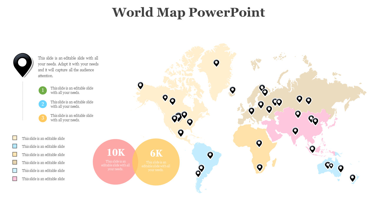 Map showing global distribution with multiple black location pins, shaded regions, and data circles at the bottom.