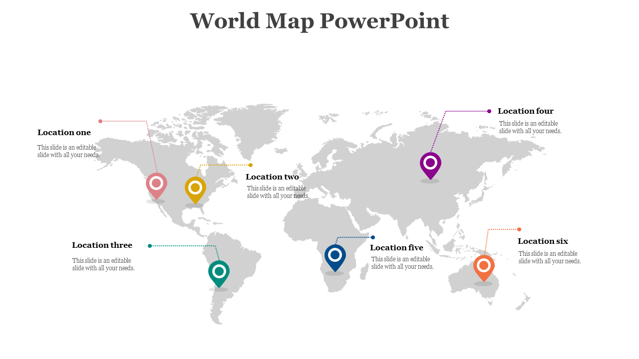 World map with six labeled pins in pink, yellow, teal, purple, blue, and orange, each linked to a text box.