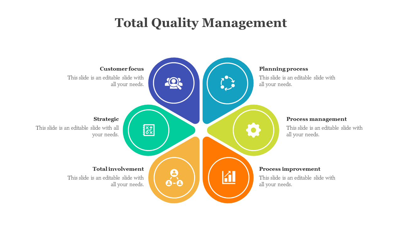 Circular TQM layout with colorful droplet shapes labeled Planning process, Process improvement, and more around a center.
